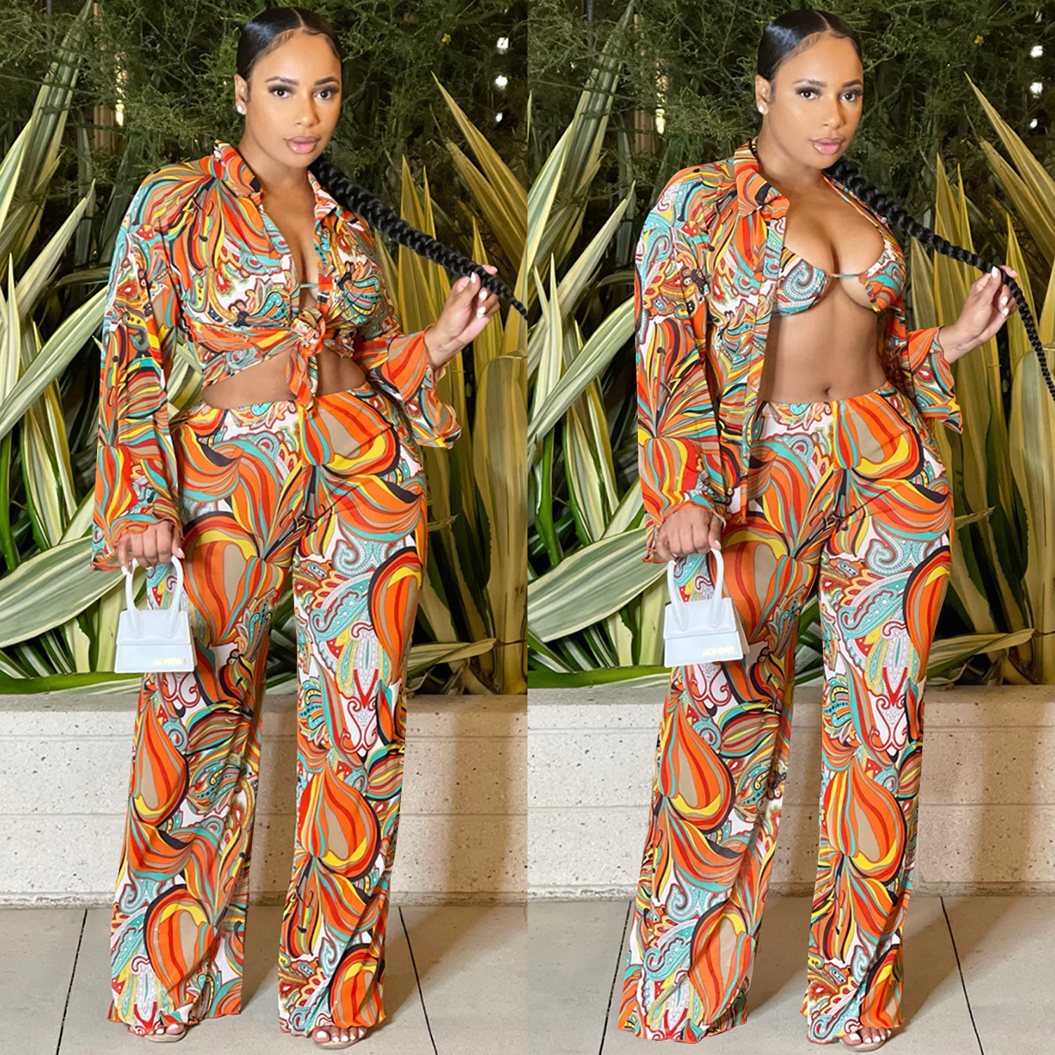 X5839 transfronterizo europeo y americano moda AliExpress Amazonas sexy malla transparente impreso manga larga de tres piezas ropa de mujer