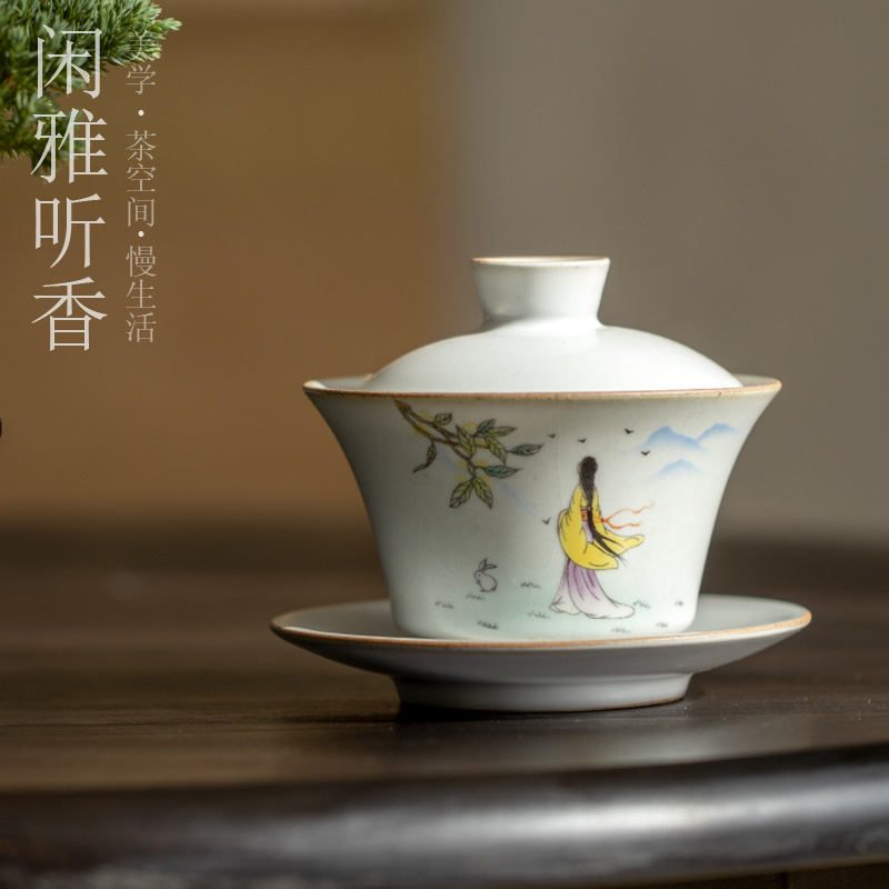 Tazón de fuente de la cubierta del horno de estilo japonés Ru Zen Juego de té de Kung Fu de cerámica de estilo chino Tazón de té solo hogar de tres talentos Ru