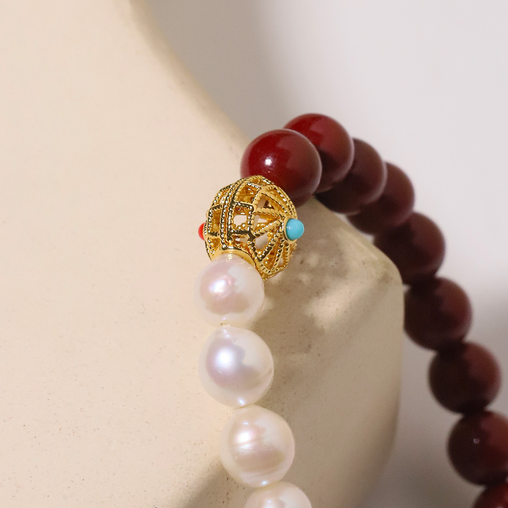 Retro auténtico cintabrio Jintao azul Fu mano de perlas de agua dulce natural temperamento de pulsera multifacé para la esposa de la novia