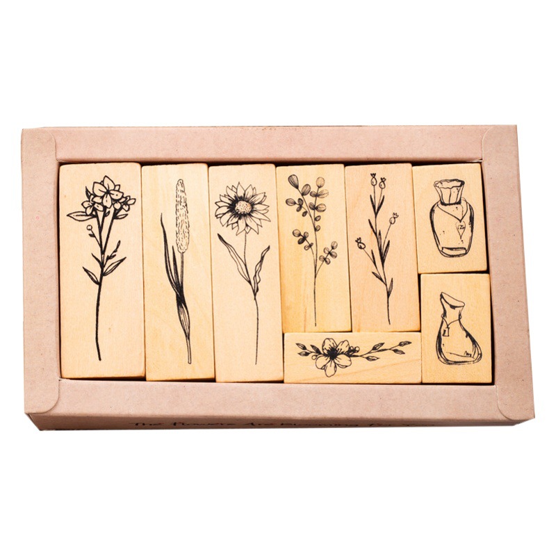 Vintage Lotus madera combinación traje sello planta florero mano cuenta DIY álbum diario decoración 2 opciones