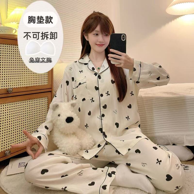 云朵棉睡衣女款春秋季带胸垫可爱卡通波点长袖套装网红家居服套装|undefined