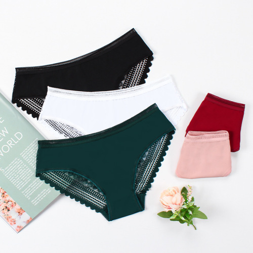 Foreign trade Japanese and Korean ice silk striped seamless large size mid-low waist women's briefs sexy lace transparent underwear