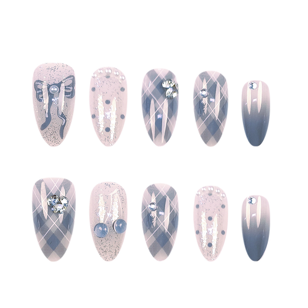 Polvo desnudo azul gris gradiente arco manicure polvo brillante ondulado punto de perforación manicure 24 piezas de parche de uñas falsas