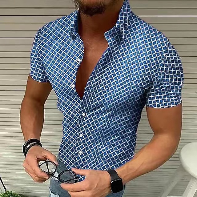 2023 Summer New Men's Checkered Short Sleeved Shirt Casual Oversized Lapel Top For Men_voghion.com