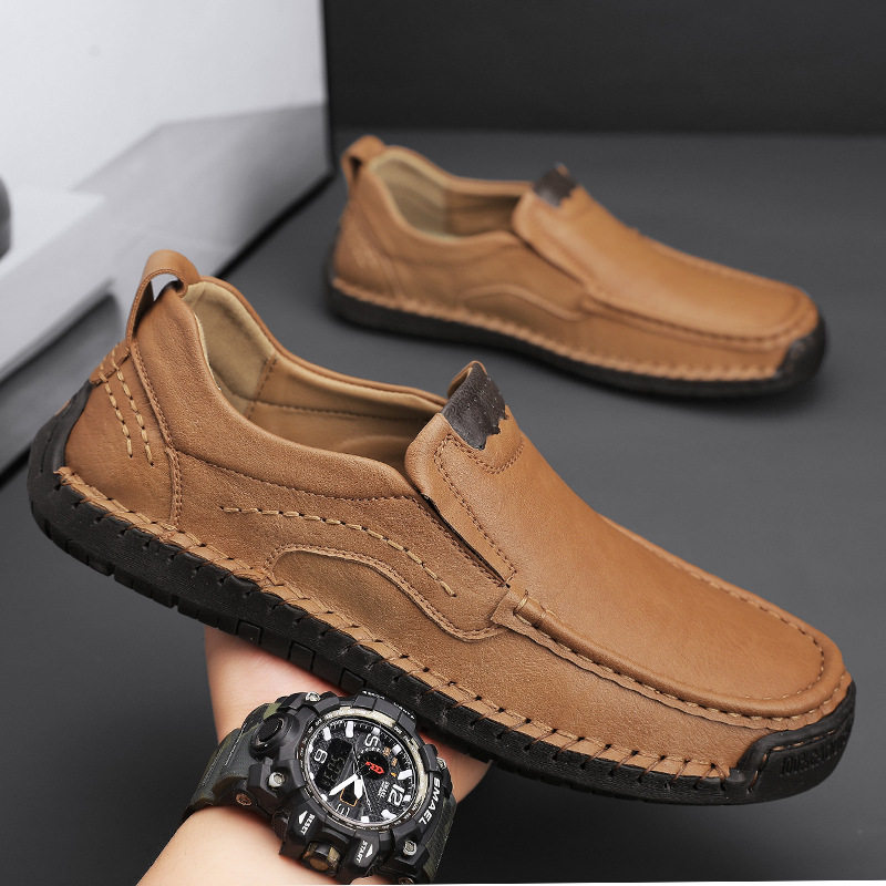 Giày lười nam da bò khâu thủ công cổ thấp mũi tròn, đế bằng — 9914 kaki, 9914 màu đen, 9914 nâu sẫm, Màu xám 9914