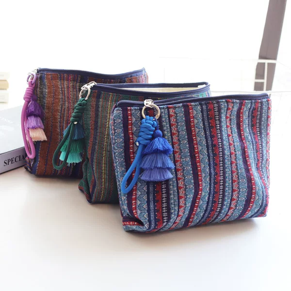 Colorful Striped Tassel Hand-Held Ethnic Style Fabric Zipper Cosmetic Bag Girls Travel Storage Bag Large Capacity