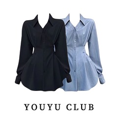 YOU YU CLUB大码胖mm设计感小众别致黑色上衣2025春收腰小衫遮肉1