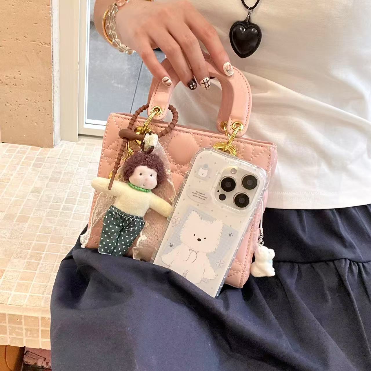 Pins coreanos a cuadros lindo West Highland para Apple 16/15ProMax funda para teléfono móvil iPhone 14 cadena 13