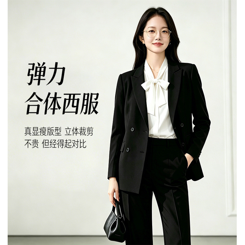 Double-breasted suit suit women's fashion high-end sense new two-piece teacher host elastic front desk suit Double-breasted suit suit women's fashion high-end sense new two-piece teacher host elastic front desk suit