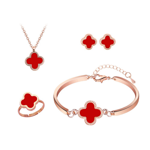 Set of Four Clover Leaf, Korean Style Rose Gold Double-Sided Necklace, Earrings, and Bracelet Decor, Factory Wholesale, Dropshipping One Piece