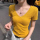 Jane Manni V-neck threaded short T-shirt women's summer close-fitting slimming hot girl short sleeve front shoulder all-match bottoming top