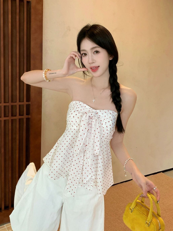 甜辣妹红色波点蝴蝶结抹胸背心女夏季法式小众显瘦无袖短款小上衣|undefined