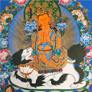 Nepalese Hand-Painted Manjushri Thangka, Yellow God of Wealth, Samantabhadra, Four-Armed Guanyin, White Tara, Emerald Tara, Entrance Wall Hanging Painting