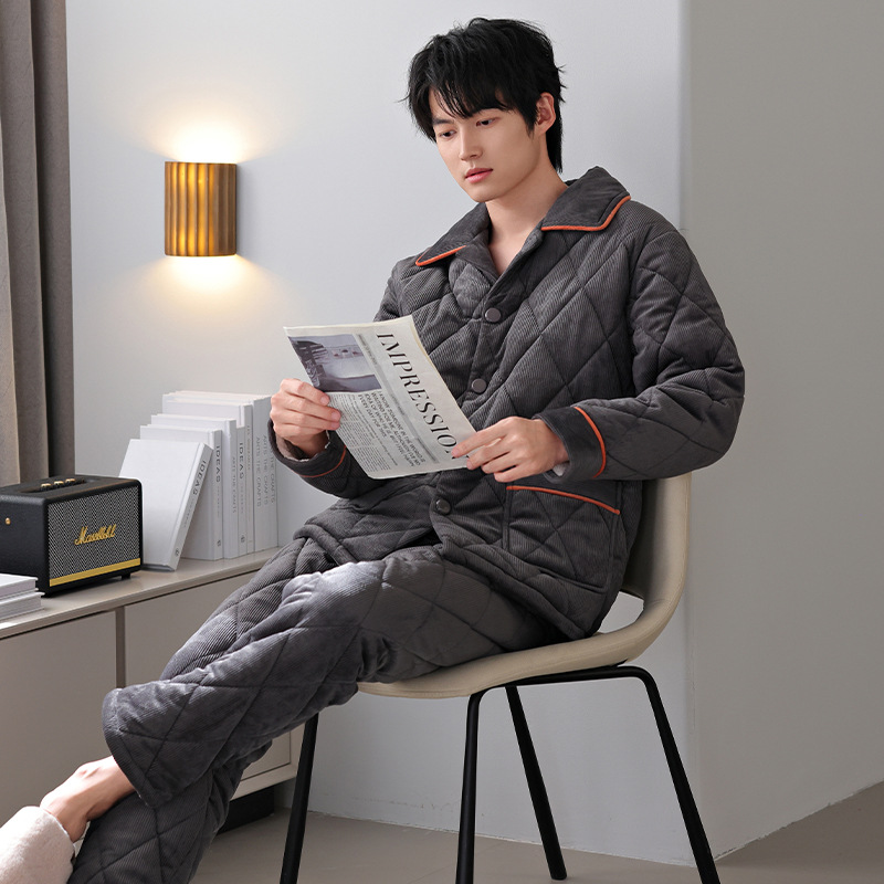 겨울 새로운 3 층 퀼트 남성 코듀로이 파자마 단순하고 관대 한 외모가 캐주얼 홈 세트 입고