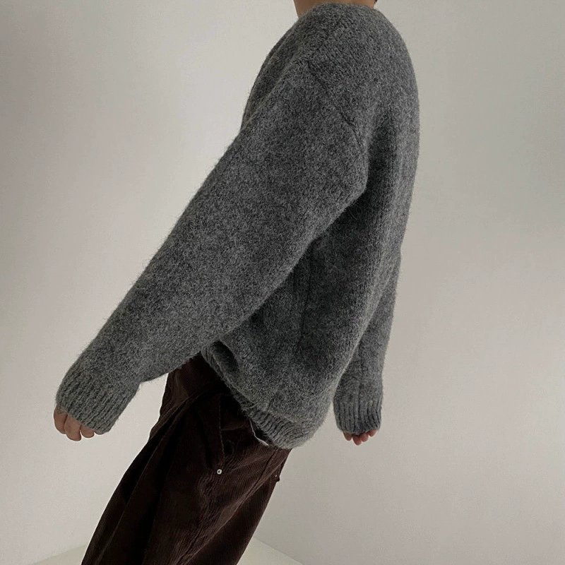 Мужской свитер oversize из пряжи, стиль Кореи, круглый ворот, демисезон осень