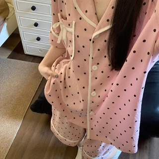 韩系粉色波点高级感睡衣女夏季蝴蝶结短袖短裤两件套少女家居服