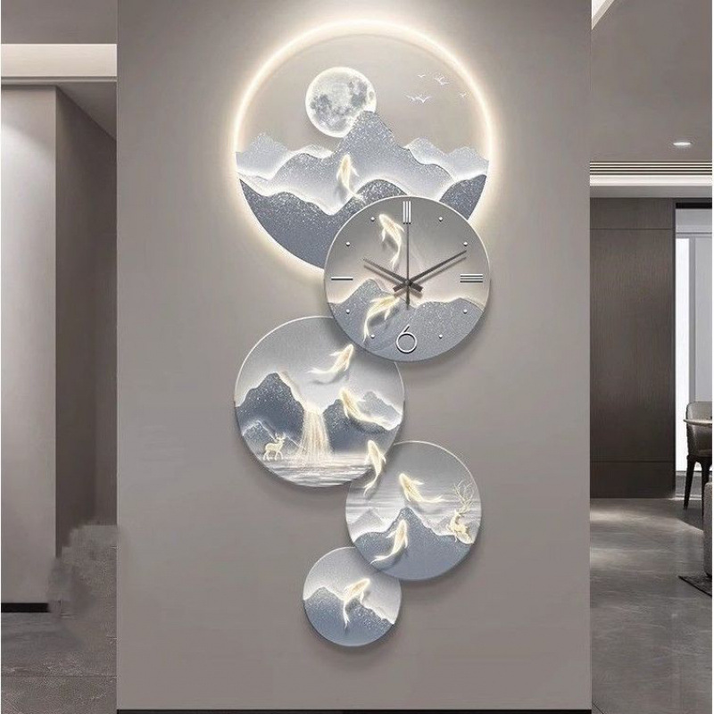 九鱼图玄关装饰画轻奢高级感跨境走廊过道钟表挂画入户门山水画壁