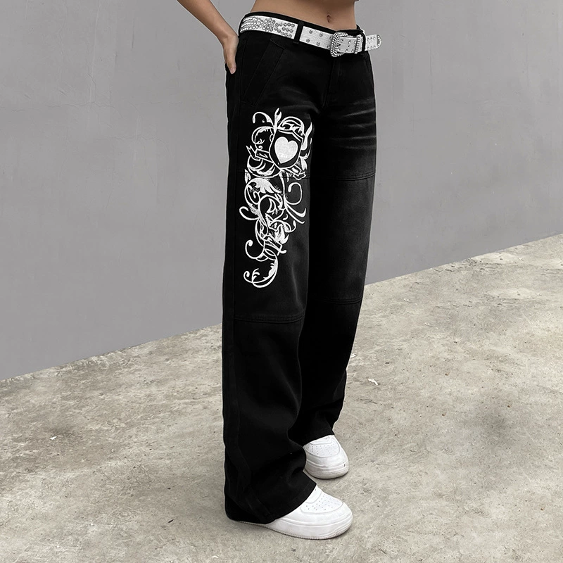 leather pants WeiYao Vintage Print Y2K Low Waist Denim Jeans Aesthetic 90s Grunge Trousers Women Retro Straight Sweatpants Harajuku Outfits zara jeans