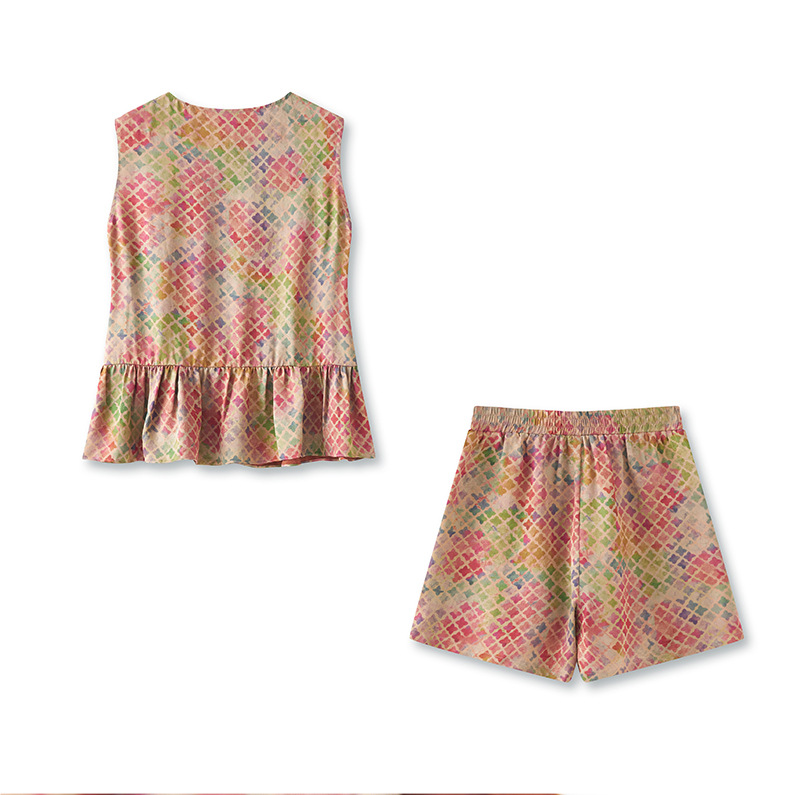 Bộ áo vest jacquard họa tiết cỏ bốn lá kết hợp quần short cạp thun nữ mùa hè — Cỏ bốn lá chi tiết 11