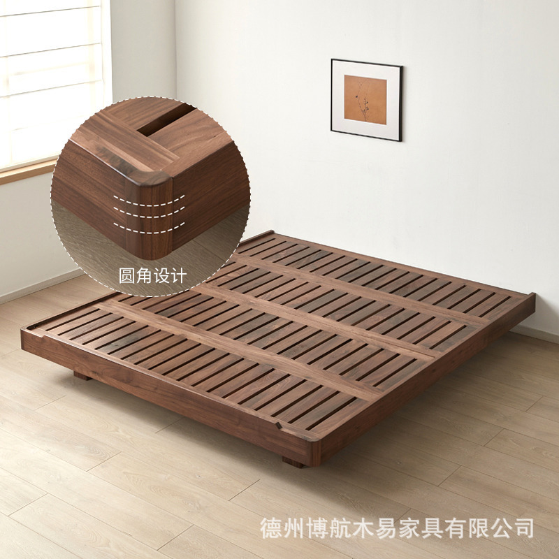 North American Black Walnut Suspended Bed Without Bedside Bed Tatami Cherry Wood Bedroom Bed Log Low Bed All Solid Wood Bed