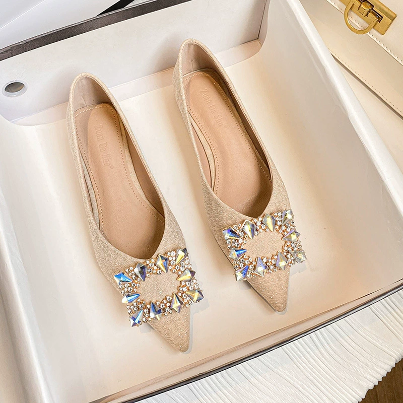 Оптовая продажа фабрики указал горный хрусталь квадратная пряжка обувь французский мелкий разрез толстый каблук обувь Кристалл квадратная пряжка плоские туфли женщин