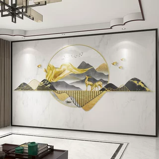 壁纸3d立体中式麋鹿山水电视背景墙壁纸客厅壁布卧室墙布壁画