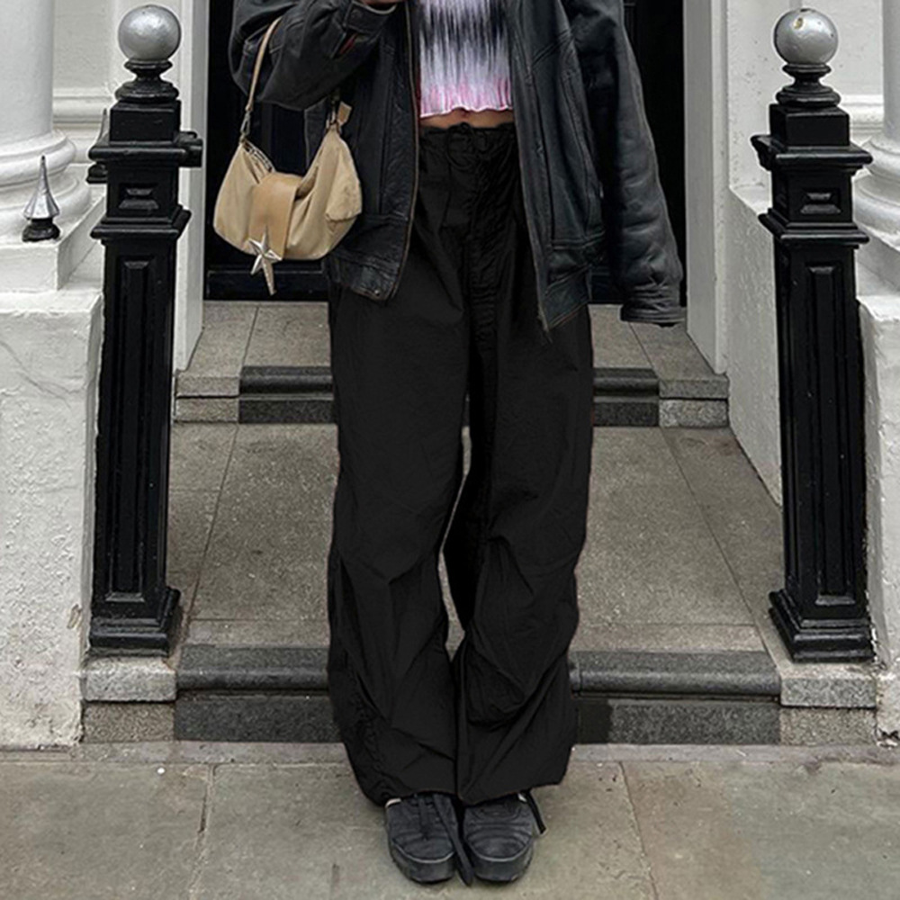 Vår/sommar 2024 Nya heta tjej-arbetskläder med resårband och dragsko, trendiga låg midjade vida ben, vardagsbyxor_voghion.com