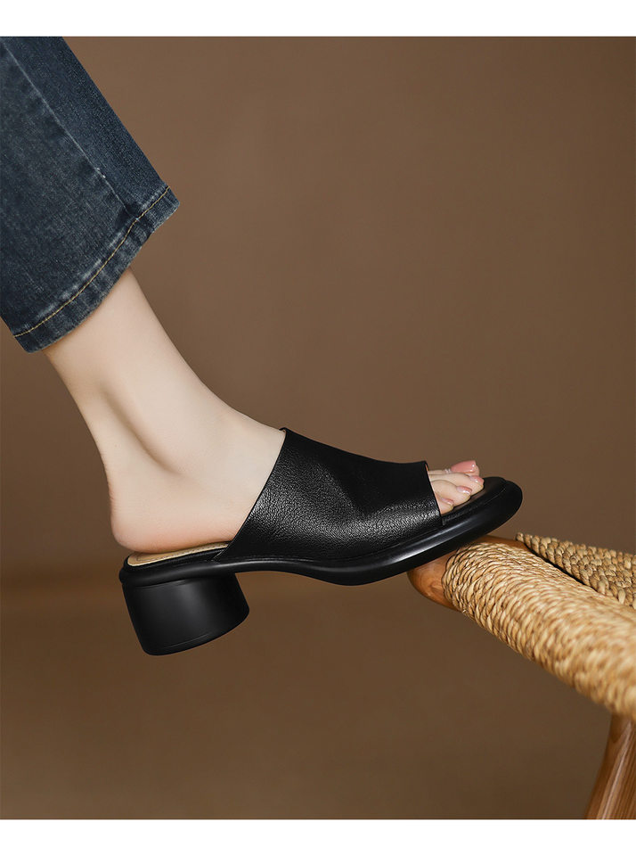 Dép lê da cừu nữ mũi tròn đế dày gót thô xỏ chân — Màu đen chi tiết 12