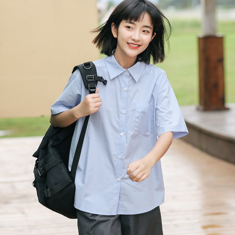 Blue Shirt Women's Japanese Style Vintage Summer Chic Top Korean Style Wear Salt Polo Shirt Short-sleeved Shirt Blue Shirt Women's Japanese Style Vintage Summer Chic Top Korean Style Wear Salt Polo Shirt Short-sleeved Shirt