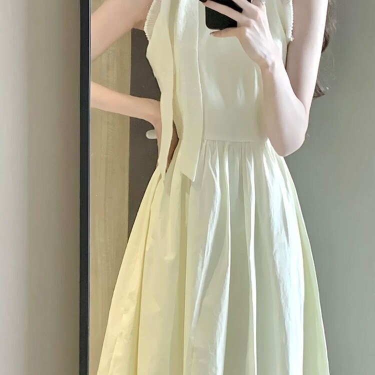 New Style French Bow-Tie Gentle Style Simple Halter Neck Dress for Female Students Korean Style Waist-Cinching Dress