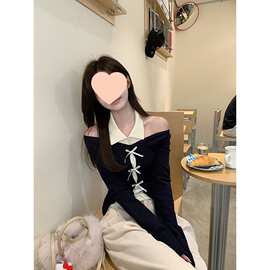 红人馆针织衫女秋季穿搭2025新款露肩上衣chic韩系假两件毛衣外套