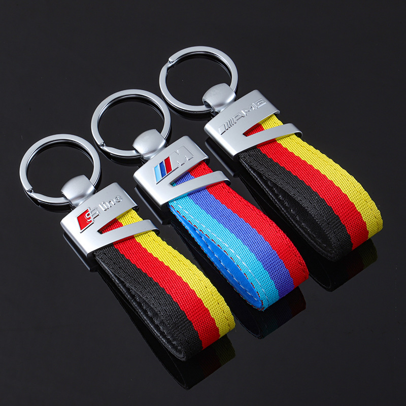Nylon Braided Belt m Three-Color Sports Logo Mercedes-Benz Amg Audi Sline Car Logo Metal Keychain Pendant