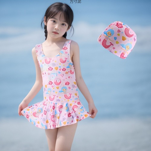 Baby swimming suit set for girls aged 2 to 12 years old, featuring a one-piece swimsuit with a large child design.