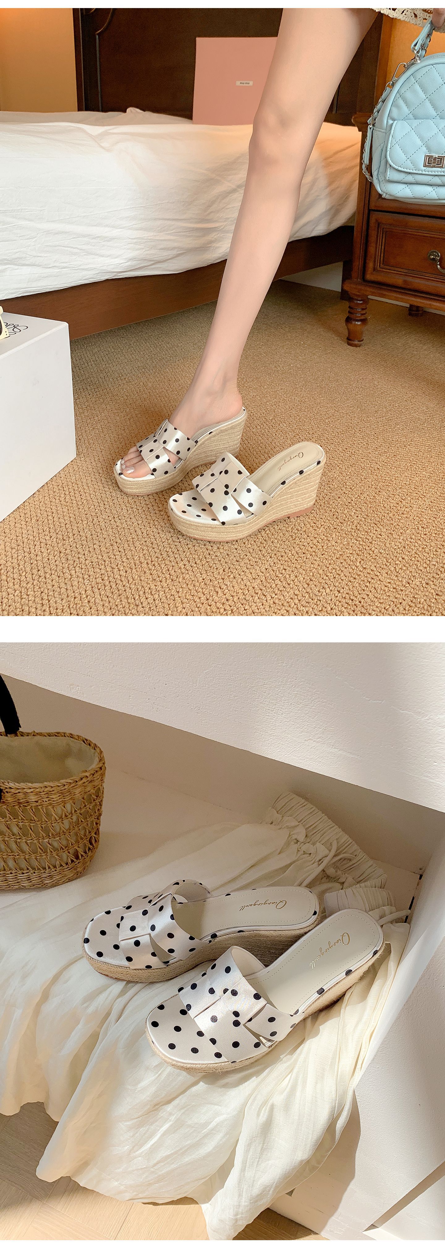Dép sandal nữ xỏ ngón đế bệt hở mũi chấm bi phong cách lười — Da bò trắng, Satin trắng chi tiết 8