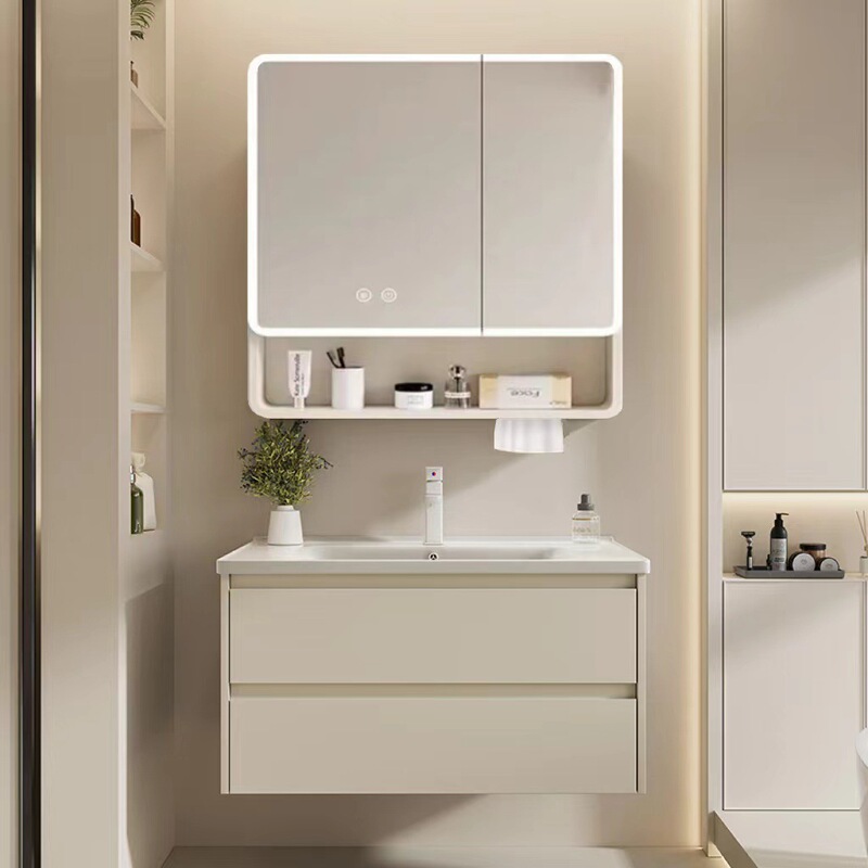 Aluminum Bathroom Cabinet with Integrated Ceramic Basin, Deep Large-Diameter Washbasin with Side Cabinet, Washstand