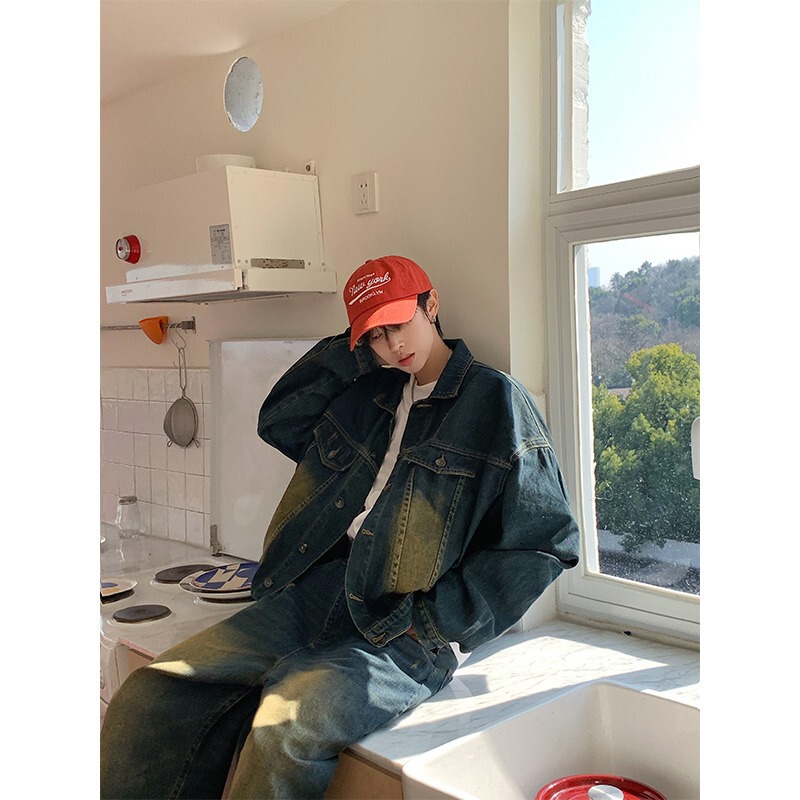 2023 Retro Long Denim Jacket Men's Trendy Workwear American Loose Straight Washed Jeans Suit