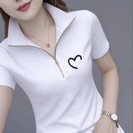 休闲减龄纯棉短袖简约POLO领拉链T恤女2026夏季新款胖mm显瘦上衣