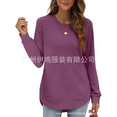2025跨境欧美女装亚马逊秋冬新款圆领不规则下摆长袖宽松休闲女装