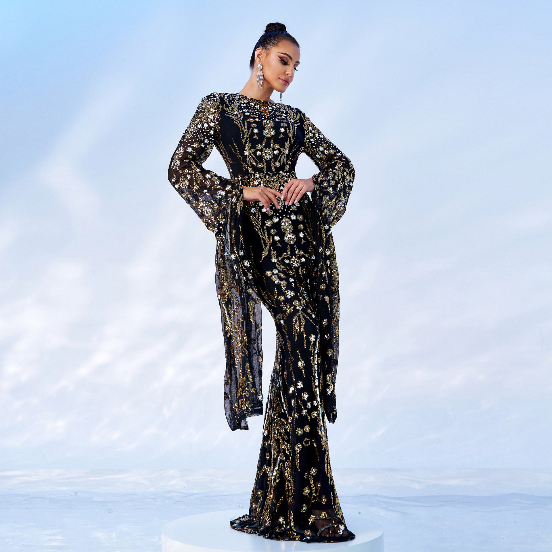 Women's Clothing ultra long sleeve temperament round neck sexy slim long sequined banquet evening dress bridesmaid dress_voghion.com