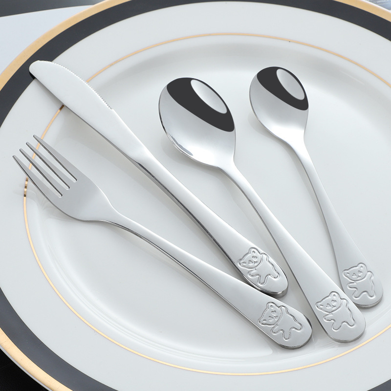 Cross-Border Kidsren's Cartoon Stainless Steel Tableware Bear Knife, Fork, Spoon, Tea Spoon Tableware 4-Piece Kindergarten Gift Set