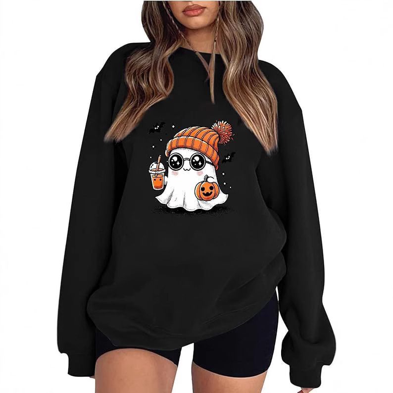 Women's Oversized Sweatshirt Halloween Crew Cute Sweatshirt Ghost Pumpkin Graphic Funny Plush Pullover