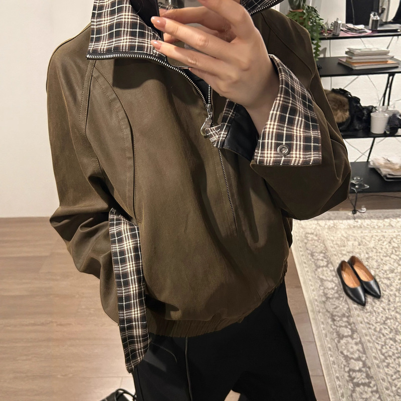 Dark Brown American Retro Heavy-Duty Washed Plaid Splicing Jacket Men's Autum Vintage Short Stand-Up Collar Jacket