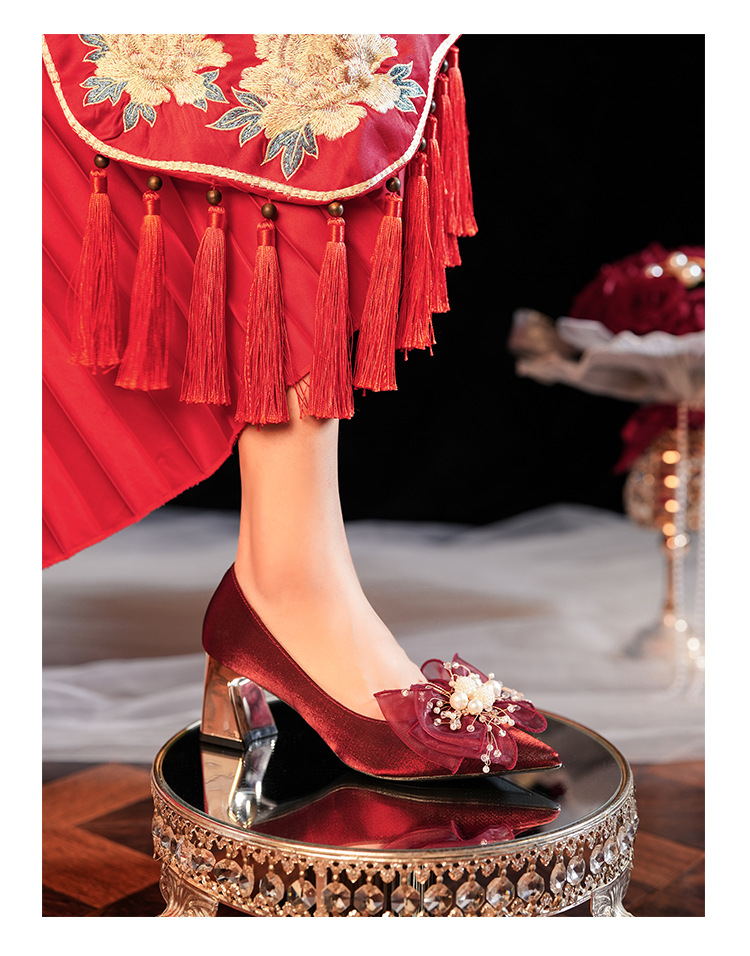 6222A-008 Chunky Heel Pointed Toe Satin Appliqué High Heels For Banquet Wedding Bridesmaid Shoes Comfortable Versatile_voghion.com