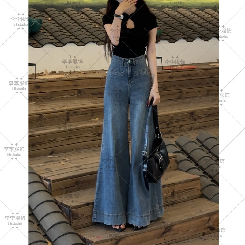 蓝色百搭阔腿牛仔裤女2025年秋季新款高腰宽松百搭显瘦垂感拖地裤|undefined