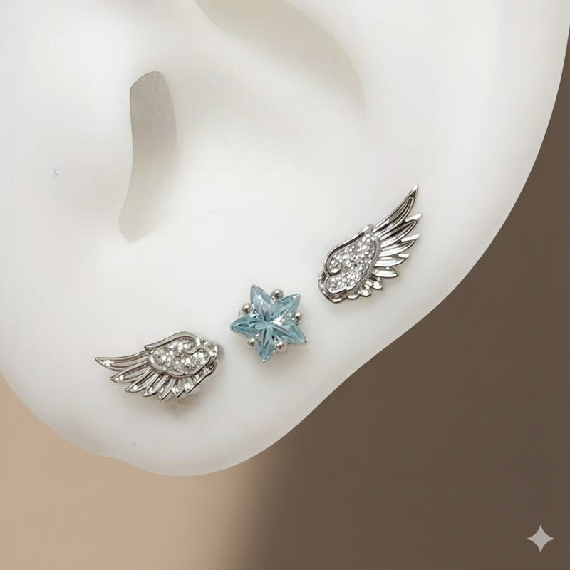 316L Titanium Steel Angel Wings Ear Bone Stud, Exquisite Five-Pointed Star Earlobe Stud, Niche Design Ear Piercing Jewelry