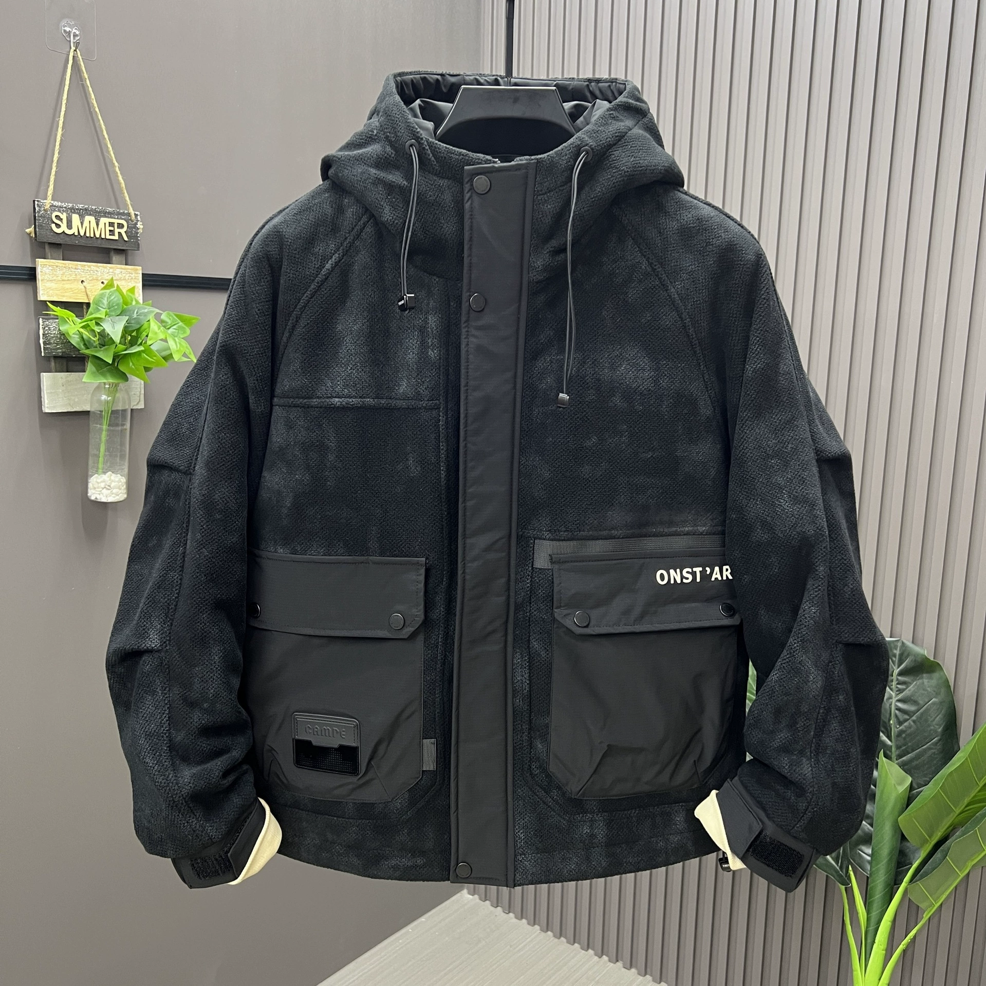 Demi-season warm down jacket with hood, oversize