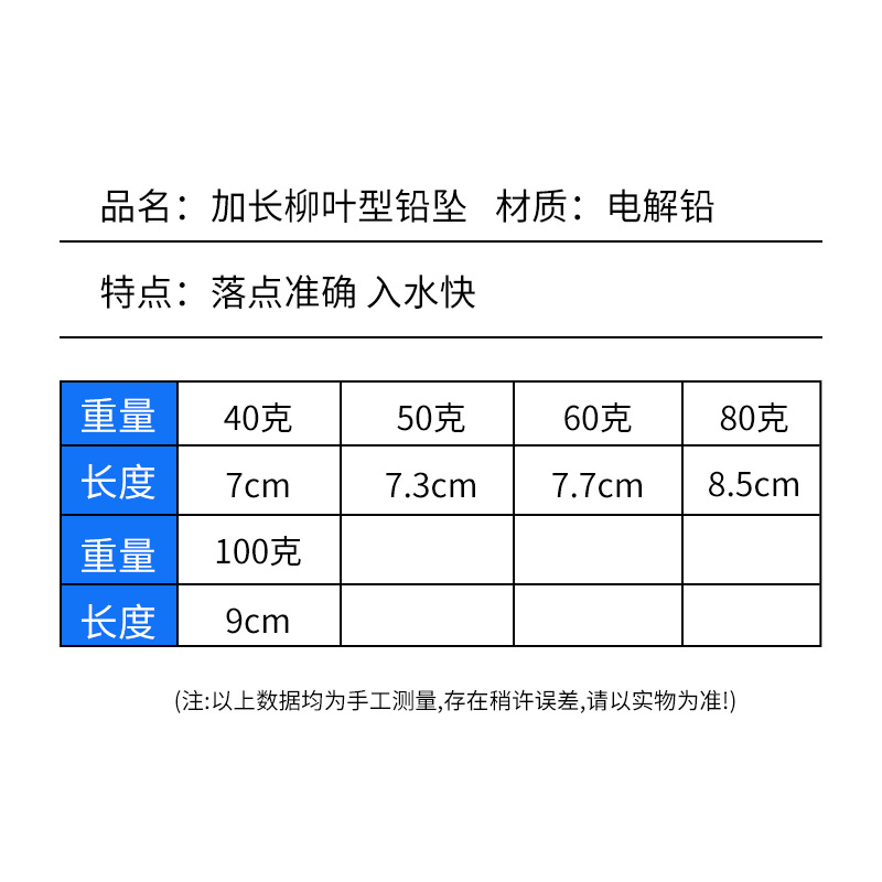 柳叶铅坠长款远投沉水水滴铅坠海竿抛竿渔具配件切水迅速带环铅坠