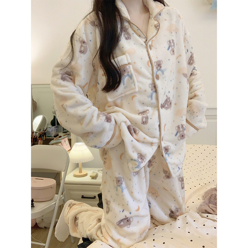 睡衣女秋冬法兰绒宽松大码加厚款女士开衫家居服套装260克