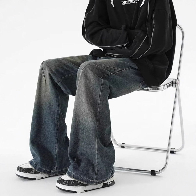 Trendy Retro Distressed Washed Flared Jeans for Men American Clean Fit Street Loose Straight Wide-Leg Pants