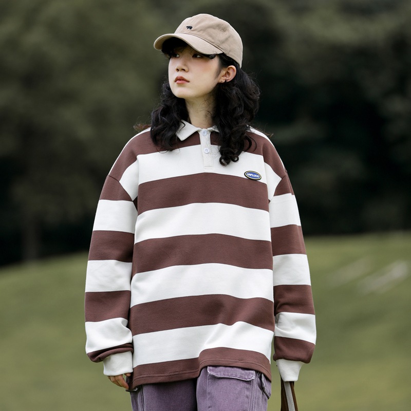 Spring and Autumn Striped Color-Block Collared Polo Shirt for Men and Women, Loose Casual Sports Long-Sleeve Top, Trendy Versatile Style